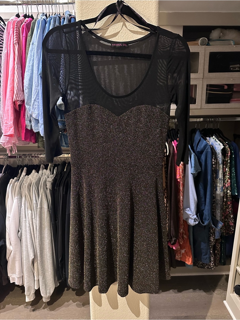 Material Girl Black Glitter Mesh Bodice Skater Dress with Metallic Sparkle